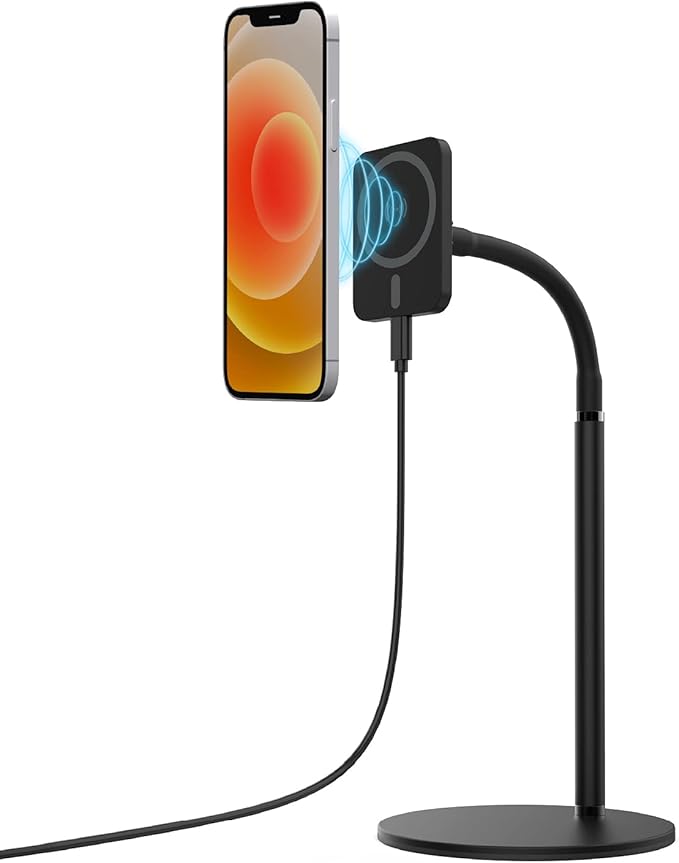 TALK WORKS Magnetic Desktop Cell Phone Stand Compatible w/iPhone 15/15 Pro/15 Pro Max 14/14 Plus/14 Pro/14 Pro Max 13/13 Mini/13 Pro/Max 12/Mini/Pro/Max MagSafe Case-Mini Gooseneck Holder-Black