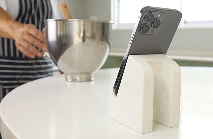 FLOWMAR Marble Phone Stand for Desk – Heavy Quartz Cell Phone Holder Luxury White Marble Phone &amp Tablet Stand Stable iPhone Stand for Desk Case Friendly Charging Compatible