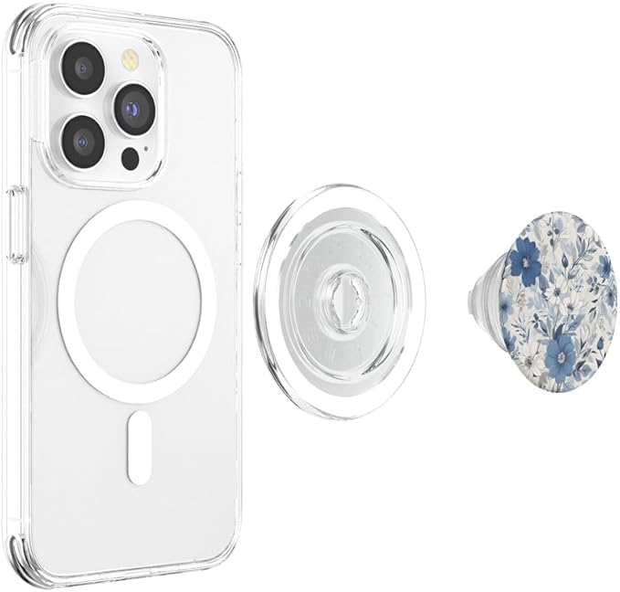 White Blue Floral Pattern PopSockets PopGrip for MagSafe