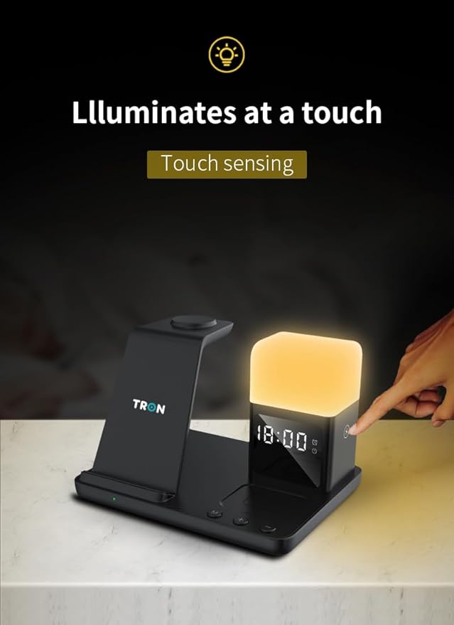 Tron Multifunction 6 in 1- Wireless Charger Fast Charging for iPhone Apple Watch &amp Airpods with Lamp &amp Clock TR20 Model