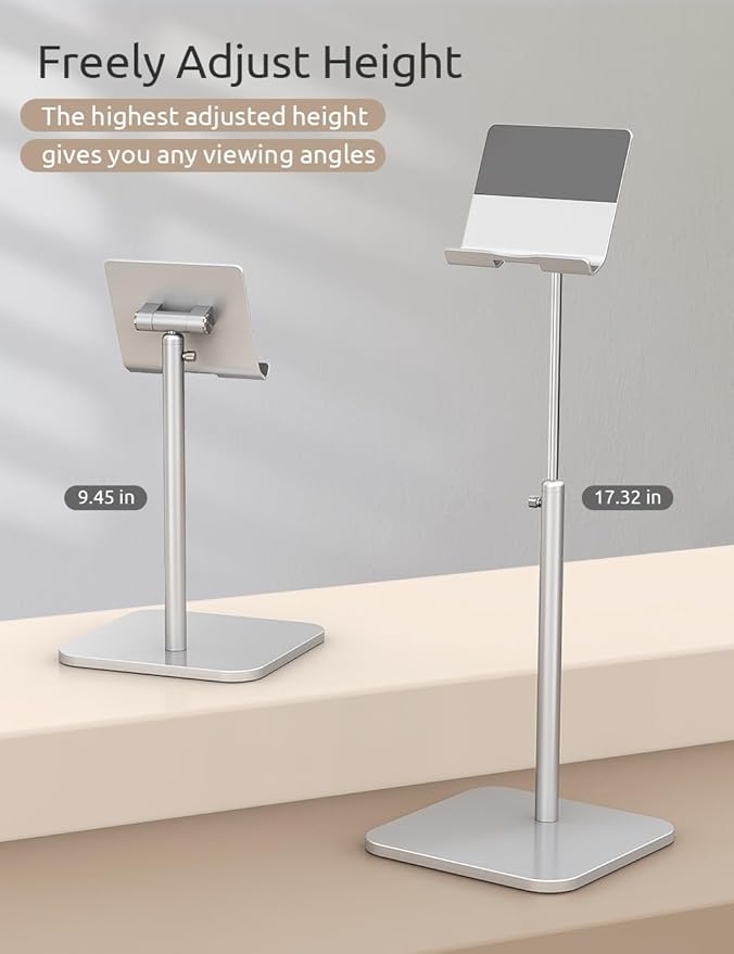 Tablet Stand Height Angle Adjustable Eye-Level Desktop iPad Stands Tablet Holder for Home Office Cradle Dock for iPad Pro 12.9 Air Mini 4 Kindle E-Reader Nexus iPhone (4-13'') Silver