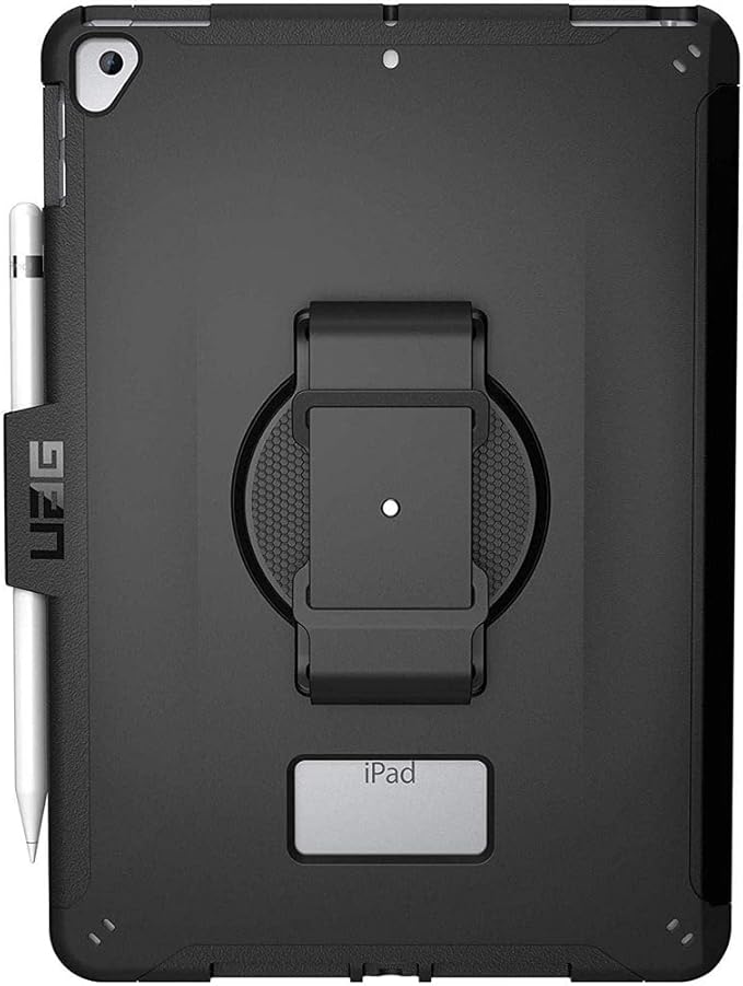 URBAN ARMOR GEAR UAG Designed for iPad 10.2 Case Black 9th Generation 2021 &amp 8th Gen 2020 w/Hand Strap Thin Slim Durable Protective Cover w/Pencil Holder &amp Asset Tag Window Scout Series