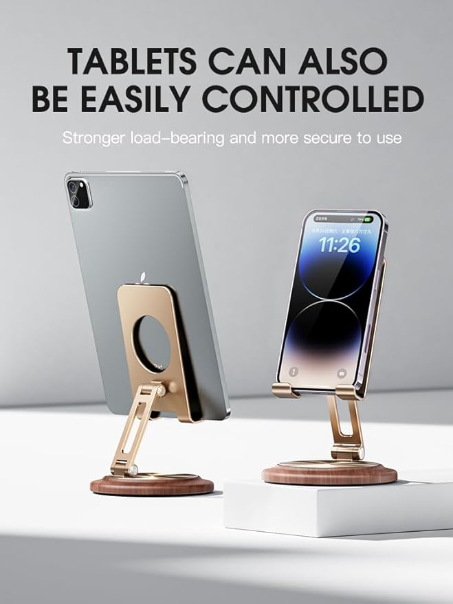 360Rotatable Cell Phone Stand Foldable Walnut Wood Desktop Phone Dock Holder Compatible for All iPhone iPad Tablet iPhone 14/13 ProMax PlusMiniSamsung Galaxy 4-10'' Office Desk Accessories