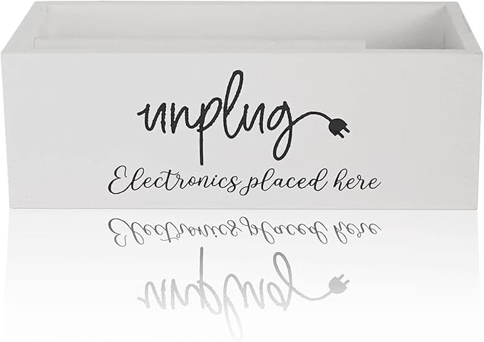 CHONIC Unplug Box Farmhouse Style Be Present Phone Box Cell Phone Basket for Home Wood Mobile Phone Jail Family Time Out Charging Station for Phone Tablet Electronics Holder (White)