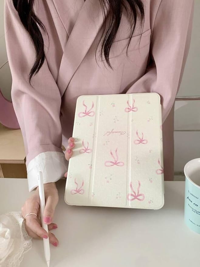 Auto Sleep/Wake Leather Stand Folio Case with Kickstand Stylus Holder for Apple iPad 10.2-inch 9 9th Generation 2021 White Pink Bow Floral Beautiful Cute Lovely Adorable Girls