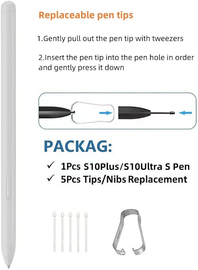 Tab S10 Ultra/S10 Plus S Pen Compatible with Samsung Galaxy Tab S10+ Plus/Tab S10 Ultra All Versions Stylus Pen with Bluetooth 4096 Pressure Sensor .Slim 0.7mm Tip with 5xTips (Platinum Silver)