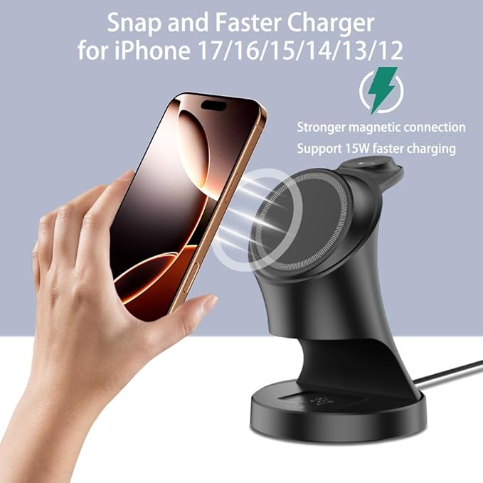 Wireless Charger3 in 1 Magnetic Wireless Charger Stand Fast Wireless Charging Dock for iPhone17/16/15/14/13/12 Series Apple Watch Series AirPods Pro.