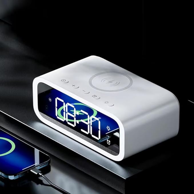IHAO 5in1 Multi-Functional Alarm Clock with Wireless Charging 15W Fast Charger for Phone &amp Earbuds 3 Group Alarms Dimmable Night Light USB Port Digital Clock Adjustable Light Mini Mirror QXF-80