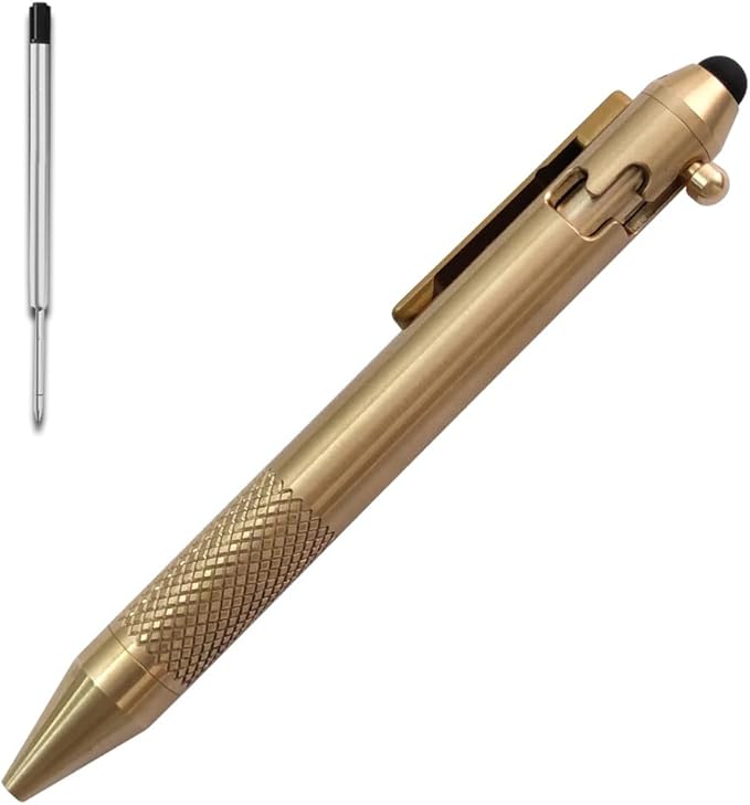Cool Hand 4.9'' Brass Bolt Action Pen with Retractable Stylus Tip for Any Touch Screen Ballpoint Ink Refillable Compact Size Skelton Out Deep Pocket Clip (Brass)