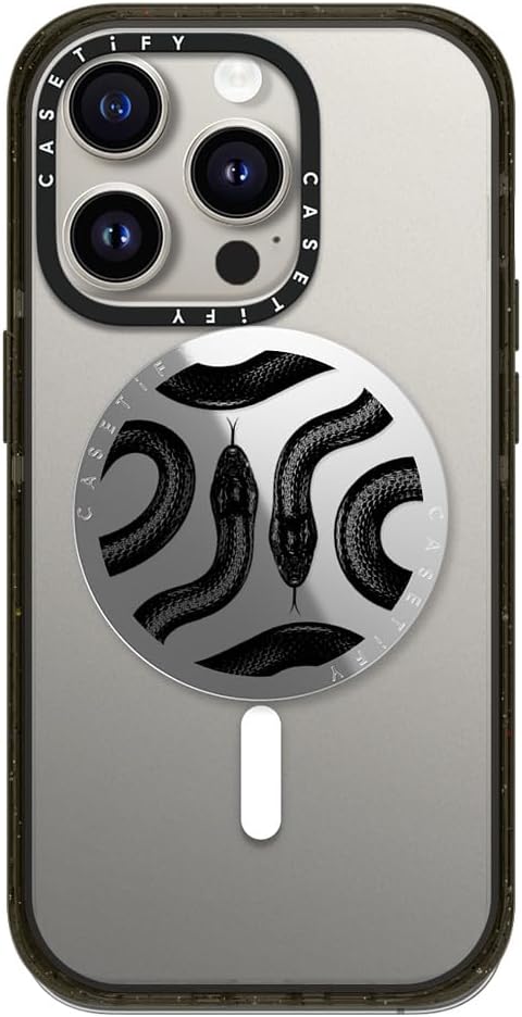 CASETiFY Snappy Grip Stand Compatible with Magsafe - Black Kingsnake - Silver Mirror