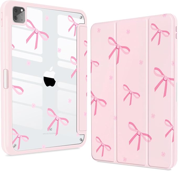 Teryeefi for iPad Air 11-Inch Case M4 (2026) / M3 (2025) / M2 (2024) iPad Air 4th/5th Generation iPad Pro 11 in 4th/3rd/2nd/1st - Clear Back Cover with Pencil Holder Auto Wake/Sleep (Pink Bows)