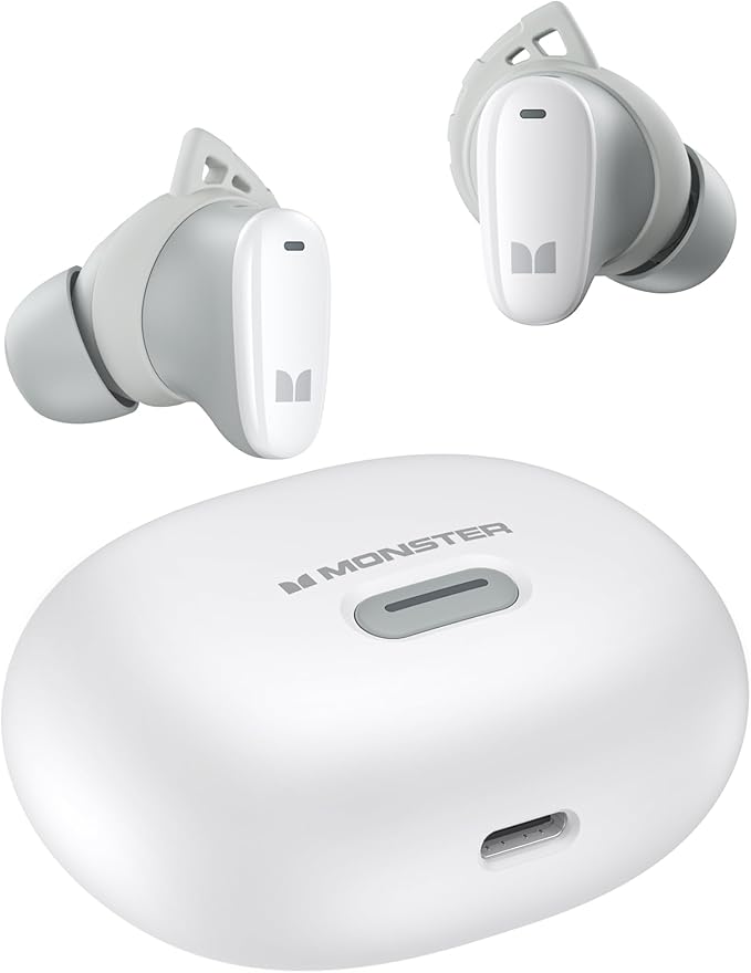 Monster N-Lite 206 Wireless Earbuds Bluetooth 5.4 in Ear Headphones Bluetooth Ear Buds Built-in Microphone Touch Control Comfortable Fit USB-C Fast Charging IPX6 Waterproof 25H Playtime White