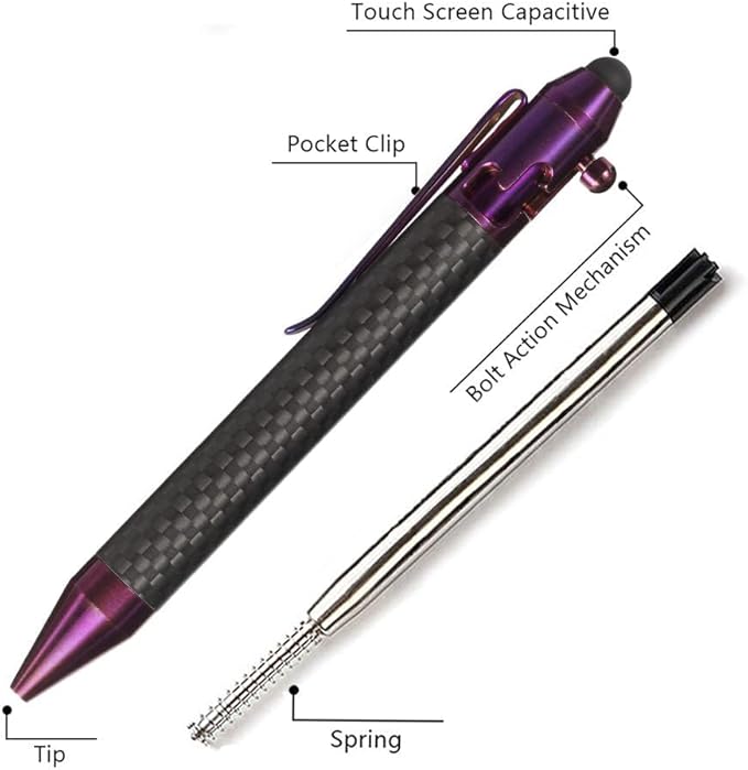 Cool Hand 4.9'' Carbon Fiber Bolt Action Pen with Retractable Stylus Tip for Any Touch Screen Ballpoint Ink Refillable Compact Size Skelton Out Deep Pocket Clip (Carbon Fiber Purple)
