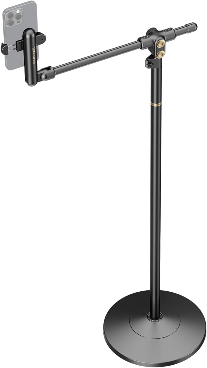 NEEWER BASICS Phone Floor Stand with Horizontal Extension Arm Adjustable Bed Phone Holder Clamp Mount Compatible with iPhone 16 15 Pro Max Plus Samsung for Video Recording Weighted Metal Base ST009