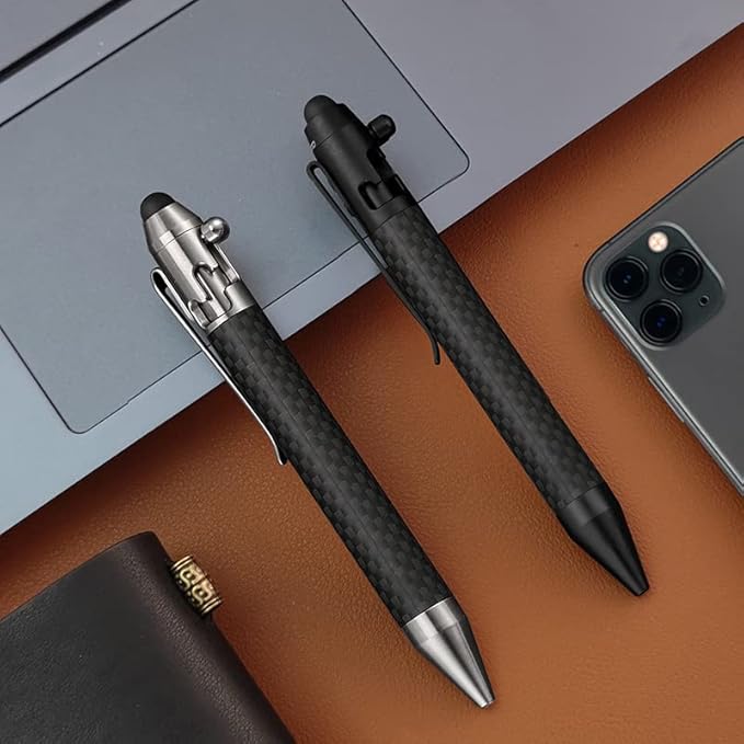 Cool Hand 4.9'' Carbon Fiber Bolt Action Pen with Retractable Stylus Tip for Any Touch Screen Ballpoint Ink Refillable Compact Size Skelton Out Deep Pocket Clip (Carbon Fiber Silver)