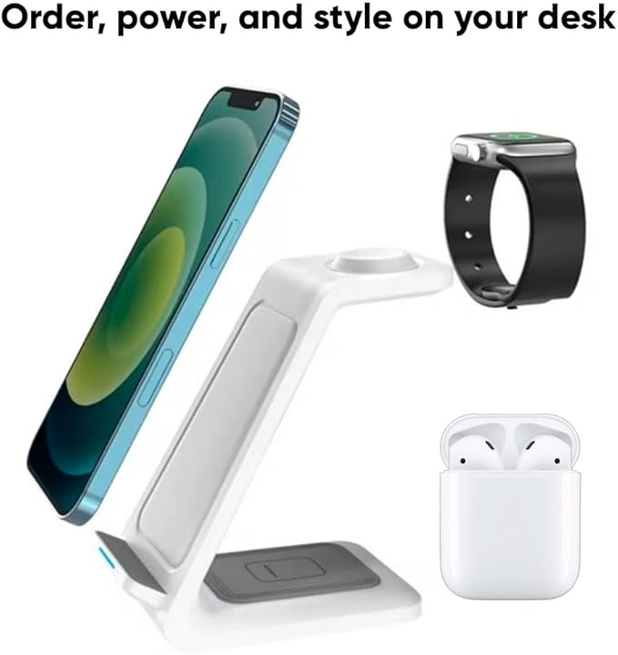 3-in-1 Magnetic Wireless Charger – Fast Charging Dock for iPhone Apple Watch &amp AirPods – Foldable Stand with USB-C Cable (White)
