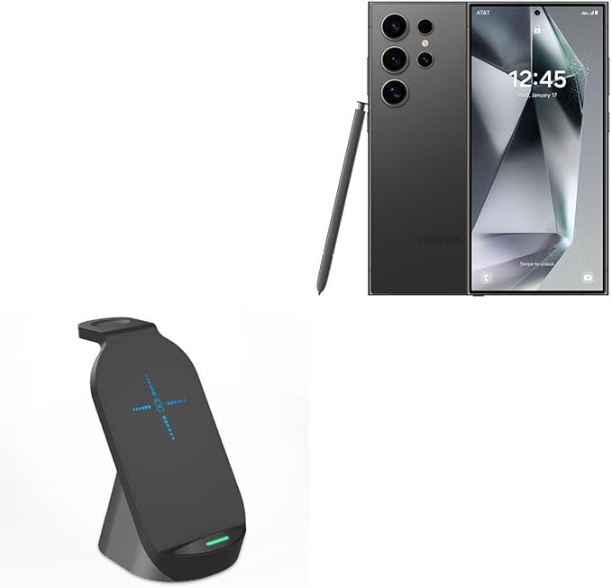 BoxWave Charger Compatible with Samsung Galaxy S24 Ultra - Compact Wireless MultiCharge Stand (10W) Wireless Qi Stand Charger Watch Earbuds - Jet Black