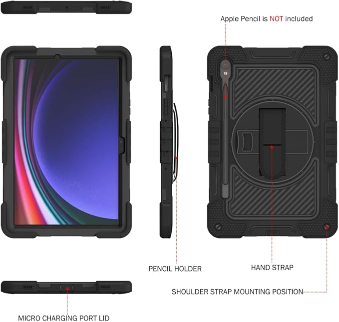 Shockproof Case for Samsung Galaxy Tab S10 Lite/S10 FE/S9/S9 FE 11 Tablet Cover with Shoulder+Hand Strap Techcircle Heavy Duty Rotating Kickstand Rugged Defender Protective Case Black