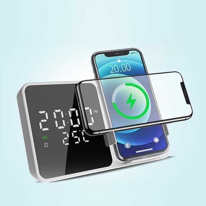 IHAO Multifunctional Alarm Clock with Wireless Charging for Phone 15W Fast Charger Large LED Display Temperature Phone Bracket for Bedside &amp Desk-W5 White