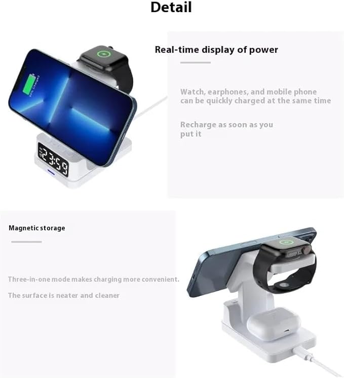 Magnetic Three-in-one 15W Wireless Charger with Clock (White)