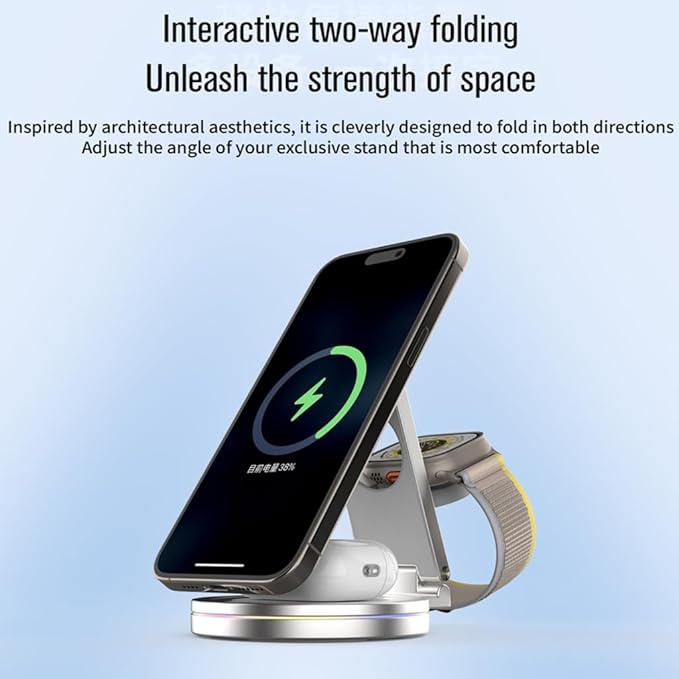 Metal Rotating Wireless Charging Stand for Phone Smartwatch Devices 3 in 1 Function Auto Dimming Lights Compact Foldable