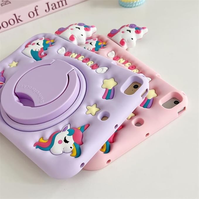 3D Cute Unicorn Case for iPad mini 7 (A17 Pro) 2024/Mini 6 2021 8.3 inchKawaii Cartoon Pretty Animal Soft Silicone Rotating Stand Case with Lanyard for Kids Teens Girls Women- Purple