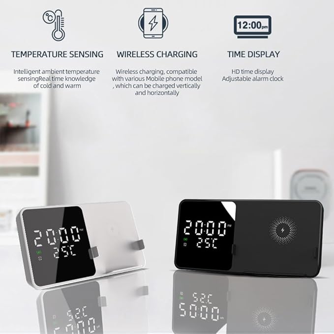 IHAO Multifunctional Alarm Clock with Wireless Charging for Phone 15W Fast Charger Large LED Display Temperature Phone Bracket for Bedside &amp Desk-W5 White