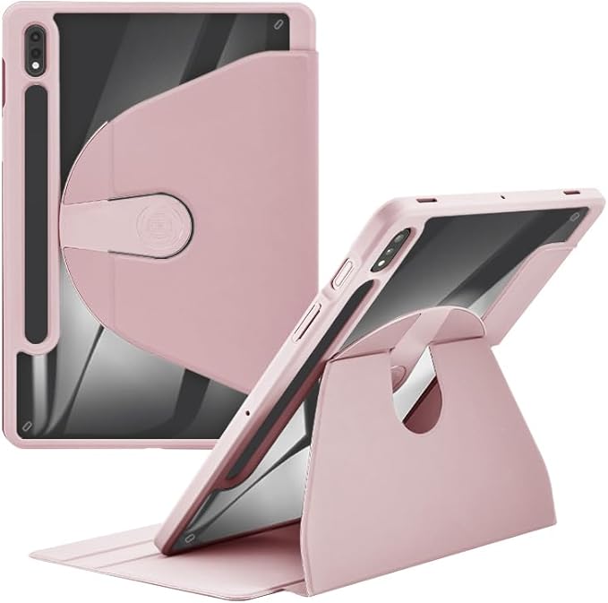 Rotating Case for Samsung Galaxy Tab S8 Plus 2022 / S7 FE 2021 / S7 Plus (SM-T970 T975 T976) 2020 12.4-Inch with Pencil Holder 360 Degree Rotation Clear Back Cover Auto Wake/Sleep (Pink)