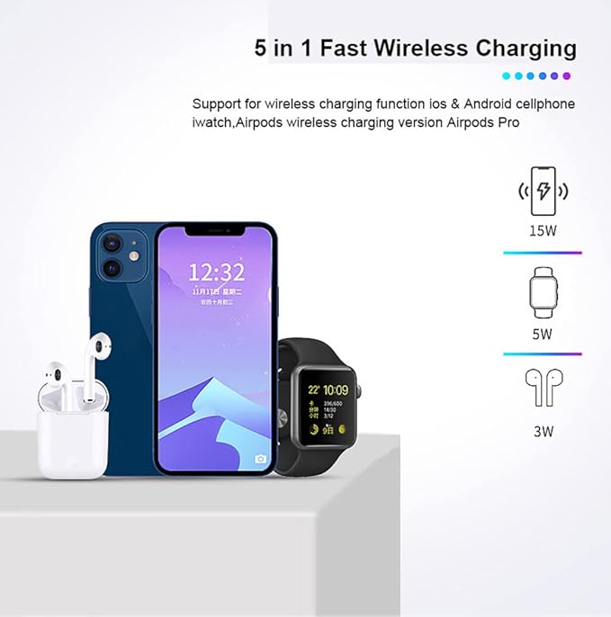 5 in 1 Magnetic Wireless Charging Stand 15W Fast Mag-Safe Charging Station Design for iPhone 15/14/13/12 Series iWatch 7/SE/6/5/4/3/2 Airpods 3/2/Pro