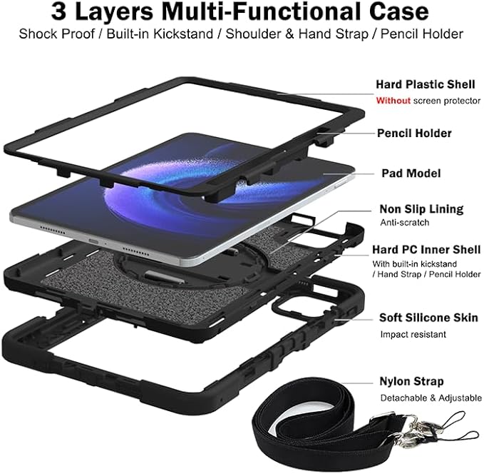Tablet Case for Xiaomi Pad 6 Pro/Xiaomi Pad 6 23043RP34C 23043RP34G 11.0 inch Tablet Shockproof Cover with 360° Rotating Stand and Wrist Strap Shoulder Strap Completely Black