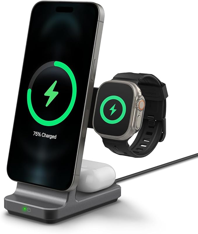 Spigen for 3 in 1 Charging Station Qi2 MagSafe Charger Stand 15W Compatible with iPhone 17/16/15/14/13/12 Apple Watch Ultra 3/2/1 Apple Watch 11/10/9/8/7/6/5/4/3/2/1/SE AirPods Pro 3/2/1 AirPods 4/3