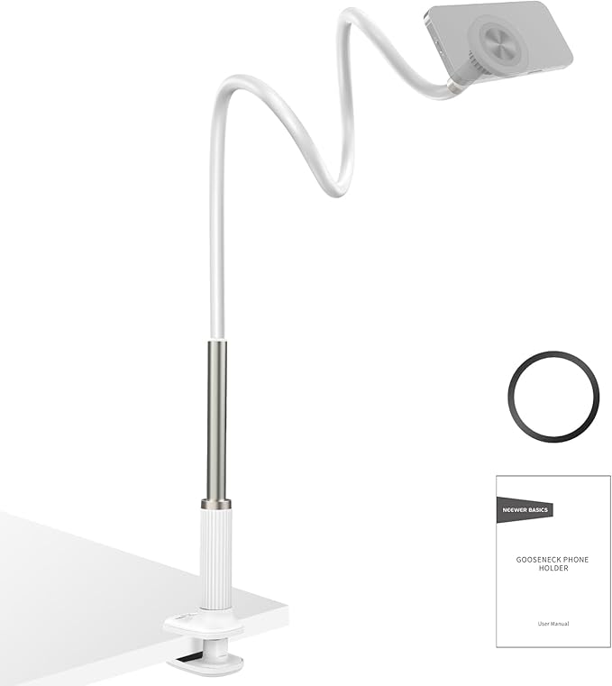 NEEWER Basics Magnetic Phone Stand for Desk 360° Overhead Table Cellphone Holder Clamp Mount with Flexible Arm Compatible with MagSafe iPhone Android Samsung for Bed Video Recording PA151 White