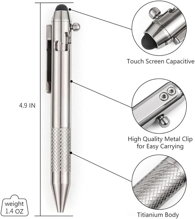 Cool Hand 4.9'' Titanium Bolt Action Pen Stylus for Touch Screen Ballpoint Ink Refillable Compact Size Skelton Out Deep Pocket Clip for Easy Carring