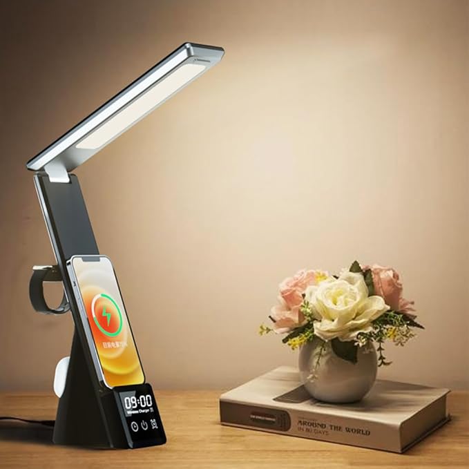 IHAO 6in1 Multifunctional Foldable LED Desk Lamp with Wireless Charger Digital Alarm Clock Eye-Care Lighting 3 Color Modes 15W Qi Charger for Phone/Headphones Apple Watch Compatible-Black