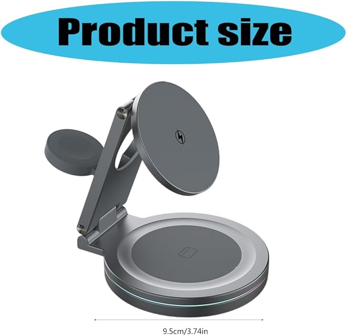 Metal Rotating Wireless Charging Stand for Phone Smartwatch Devices 3 in 1 Function Auto Dimming Lights Compact Foldable