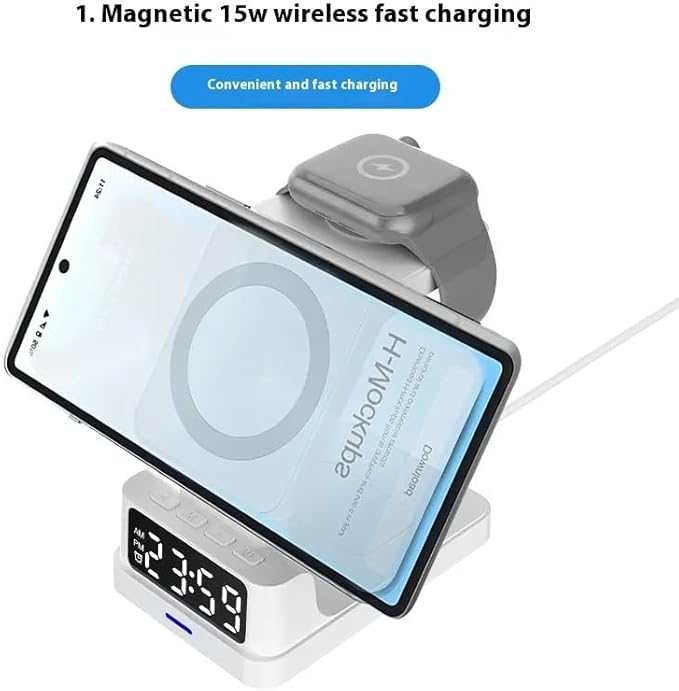 Magnetic Three-in-one 15W Wireless Charger with Clock (White)