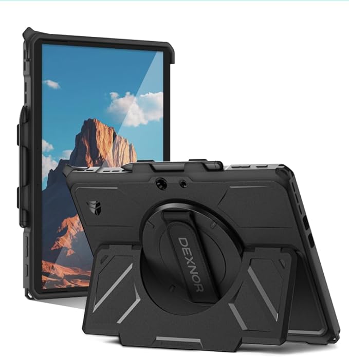 Dexnor for Microsoft Surface Pro 11/10/9 Case 13 inch 2024/2022 Rugged Protective Case with 360° Rotating Hand Strap &amp Large Stand &amp Pen Holder Shockproof Full-Body Cover Black