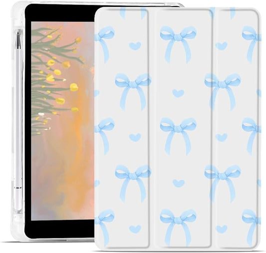 Cute Bowknot Case for iPad 9th/7th/8th Generation (2021/2020/2019 10.2 Inch) Kawaii Bow Aesthetic Design Trifold White Leather Protective Cover Soft TPU Back - Bow/Blue