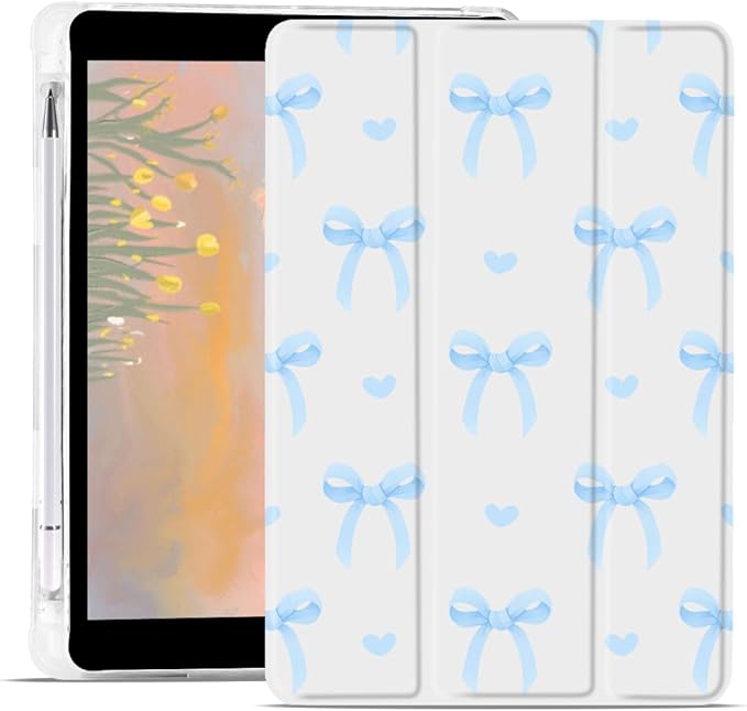 Cute Bowknot Case for iPad Pro 11 Inch M4 (2024) 5th Generation Kawaii Bow Aesthetic Design Trifold White Leather Protective Cover Soft TPU Back - Bow/Blue