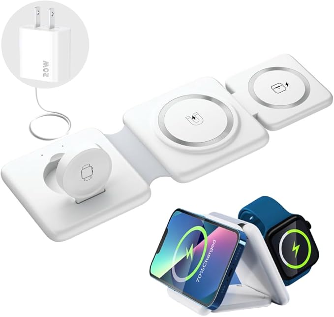 Wireless Charging Station 3 in 1 Foldable Magnetic 15W Travel Multiple Devices Fast Charger for iPhone 16/15/14/13/12 Series AirPods 3/2/Pro/Pro2 iWatch (White)