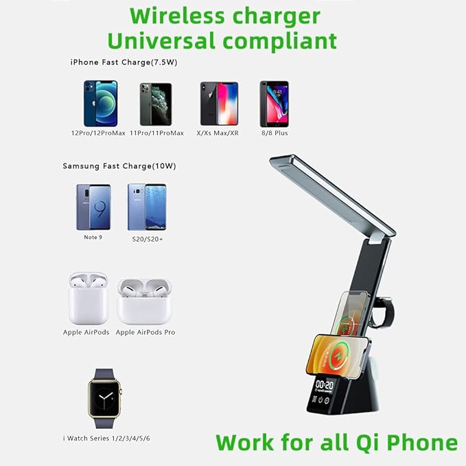 IHAO 6in1 Multifunctional Foldable LED Desk Lamp with Wireless Charger Digital Alarm Clock Eye-Care Lighting 3 Color Modes 15W Qi Charger for Phone/Headphones Apple Watch Compatible-Black