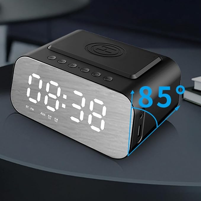 IHAO 7in1 Multifunctional Digital Alarm Clock with 15W Fast Wireless Charger Bluetooth Speaker LED Display Clock FM Radio TF Card AUX Input USB Port Dual Alarm for Bedroom and Office-BT510 Black