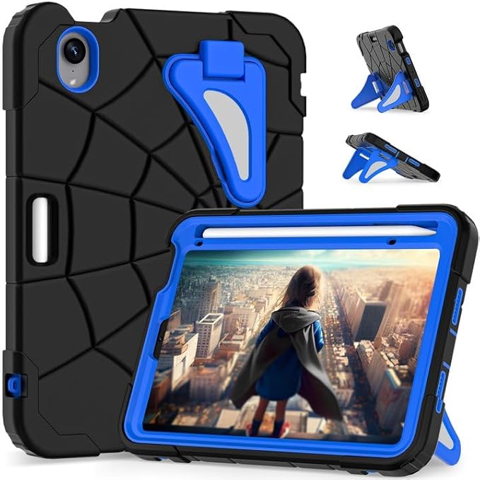 Kids Case for iPad mini 7 A17 Pro 2024/ Mini 6 8.3 inch Spider Case for iPad mini 7th 6th Generation Shockproof Durable Full Protective Cover with Pencil Holder Kickstand (Black+Blue)
