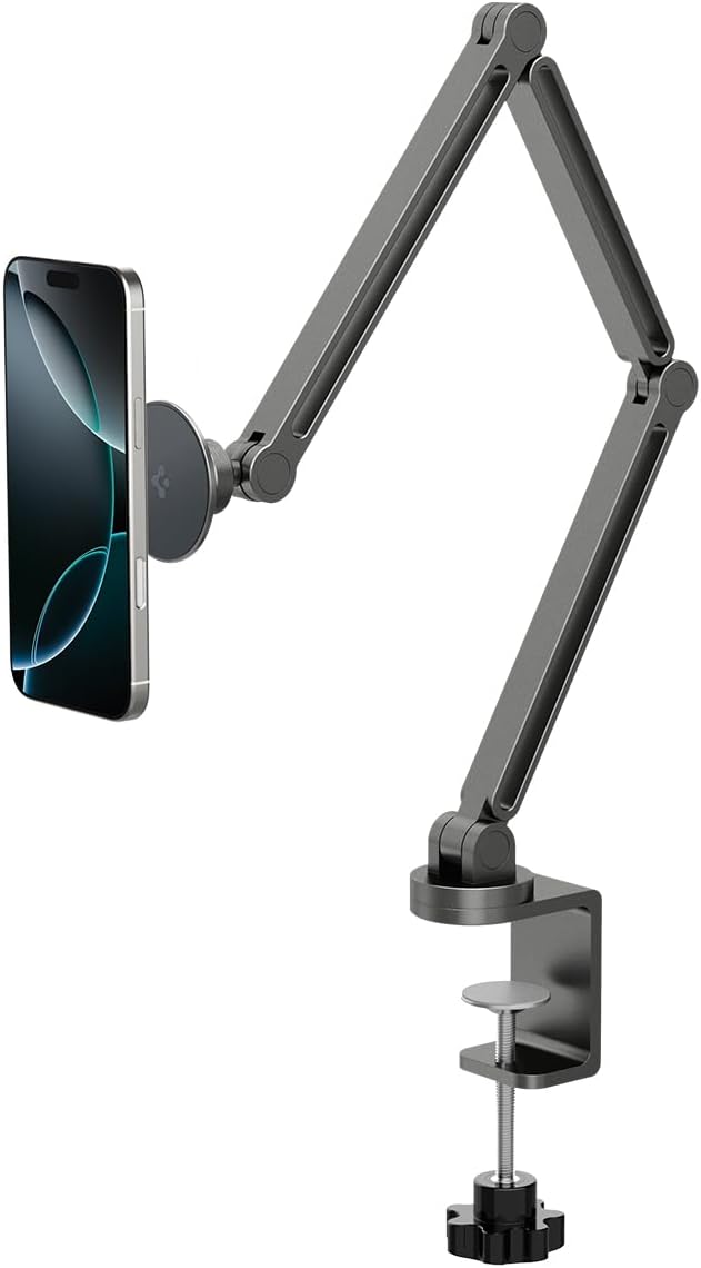 Spigen OneTap (Magfit) Adjustable and Flexible Phone Holder Clamp Stand with Magsafe Overhead Mount Bed Accessories Compatible with iPhone 16 15 14 13 12 Series &amp MagSafe Cases - Space Gray