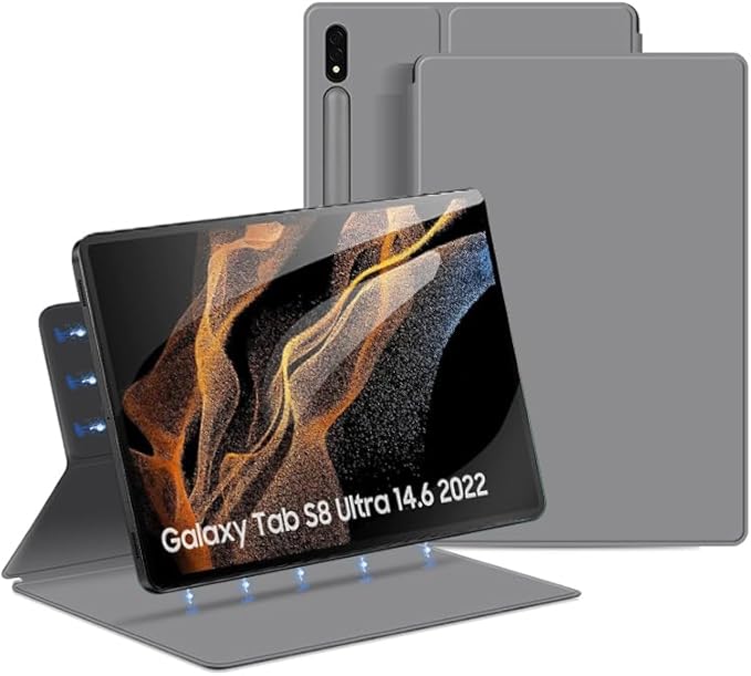 Magnetic Case for Galaxy Tab S8 Ultra 2022 14.6 Inch (SM-X900/X906) with S-Pen Holder Lightweight and Slim Magnetic Stand Case with Auto Sleep/Wake Grey