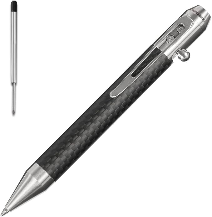 Cool Hand 4.9'' Carbon Fiber Bolt Action Pen with Retractable Stylus Tip for Any Touch Screen Ballpoint Ink Refillable Compact Size Skelton Out Deep Pocket Clip (Carbon Fiber Silver)