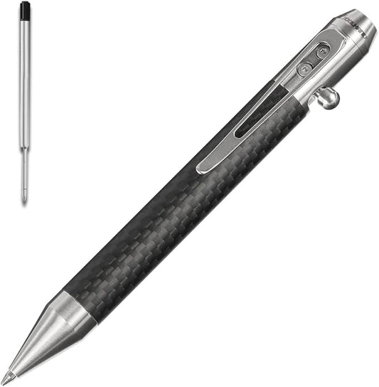 Cool Hand 4.9'' Carbon Fiber Bolt Action Pen with Retractable Stylus Tip for Any Touch Screen Ballpoint Ink Refillable Compact Size Skelton Out Deep Pocket Clip (Carbon Fiber Silver)