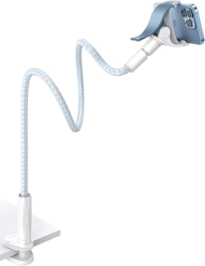 Aomiker Gooseneck Phone Holder for Bed - [Upgrade Nylon Braid] 38” Flexible Lazy Arm Clip 360 Adjustable Overhead Phone Mount for iPhone 16 15 14 13 12 11 Pro Max Mini Plus 4-7 Cellphone - White