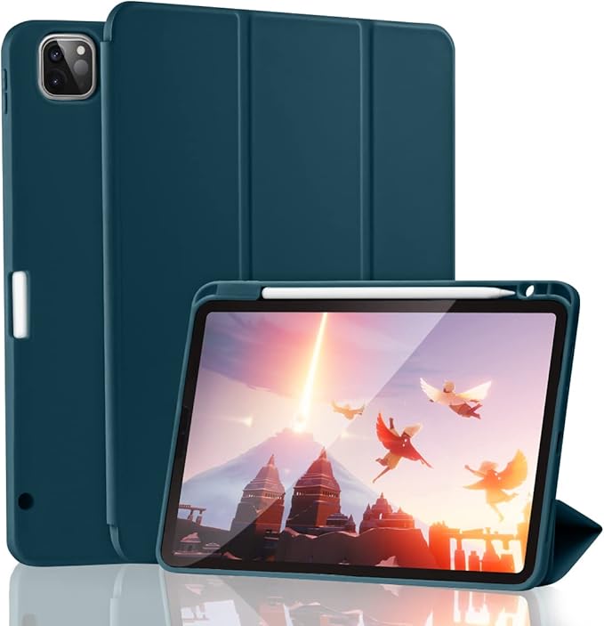 SIWENGDE Case for iPad Pro 12.9 Case 6th/5th/4th Generation (2022/2021/2020) with Pencil Holder [Apple Pencil Wireless Charging] Soft TPU Smart Trifold Stand Protective Cover (Peacock Blue)