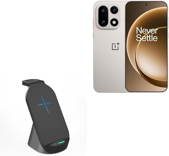 BoxWave Charger Compatible with OnePlus 15 - Compact Wireless MultiCharge Stand (10W) Wireless Qi Stand Charger Watch Earbuds - Jet Black